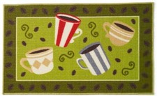 KITCHEN ACCENT RUG nonskid back  17"x28" 4 COFFEE CUPS ON GREEN,dk. green, EE