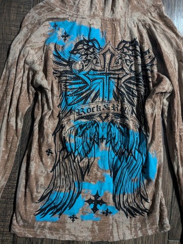 Rock & Roll Cowgirl Hooded Henley Shirt Large Beige & Turquoise Rhinestones - Picture 11 of 12