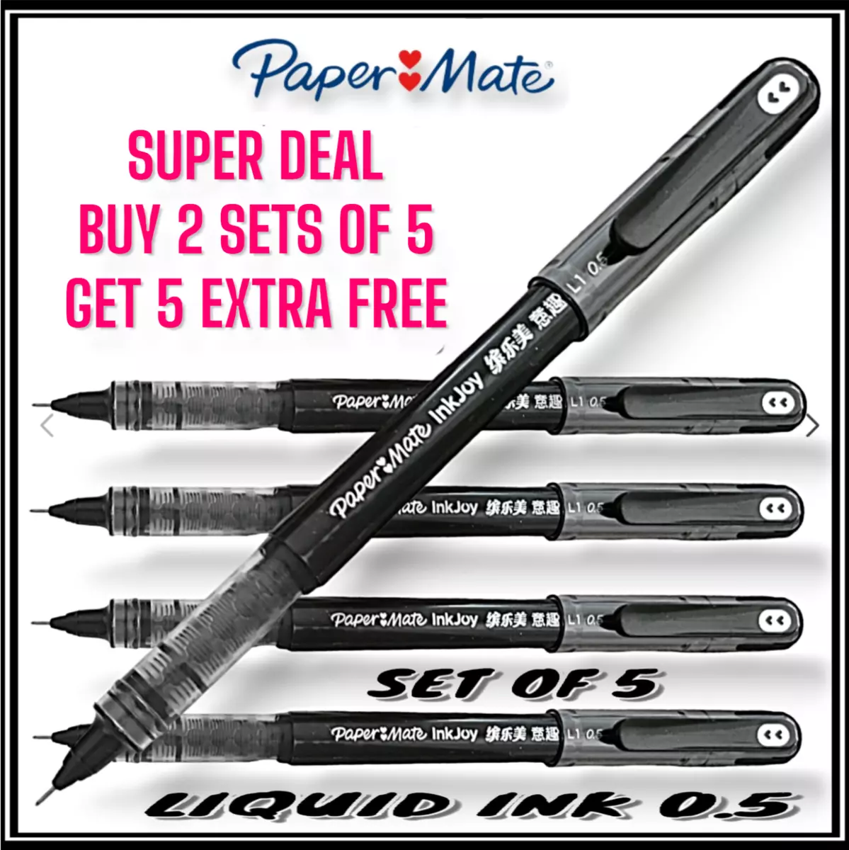 5 x Paper Mate InkJoy Rollerball Pens Papermate Pens Black Ink 0.5mm  SUPERDEAL !