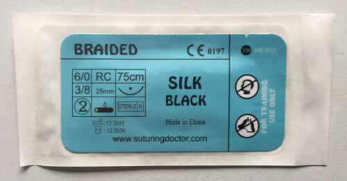 6/0 SILK BLACK BRAIDED 75cm SUTURES FOR TRAINING USE 25mm NEEDLE 12pcs BRAND NEW - Picture 1 of 5