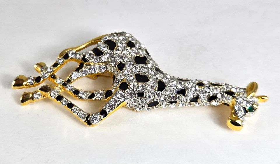 Prendedor/broche vintage grande de cristal pavé blanco y negro jirafa ojos verdes Foto 3 de 4