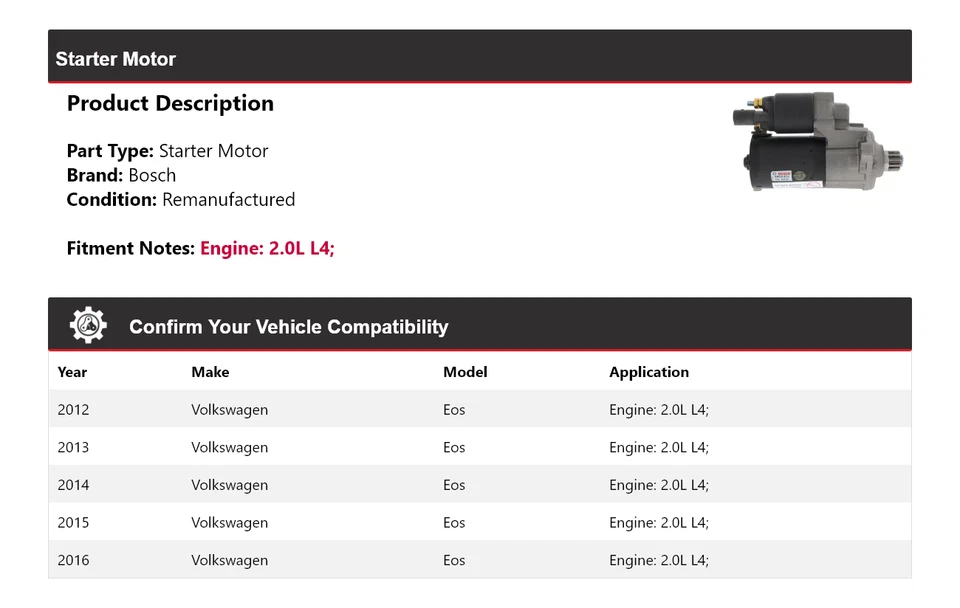 Motor De Arranque Bosch Para Volkswagen Eos 2012-2016 2.0L L4 (Remanufacturado) 2013 2014 Foto 2 de 4