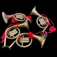 Lot Of 4 Vtg Brass Christmas French Horn Bugle Hanging Ornament Decor Taiwan