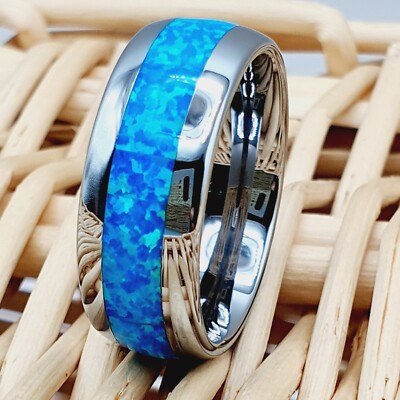 Gift For Him Tungsten Wedding Rings Opal Inlay Anniversary Ring Blue Opal Ring
