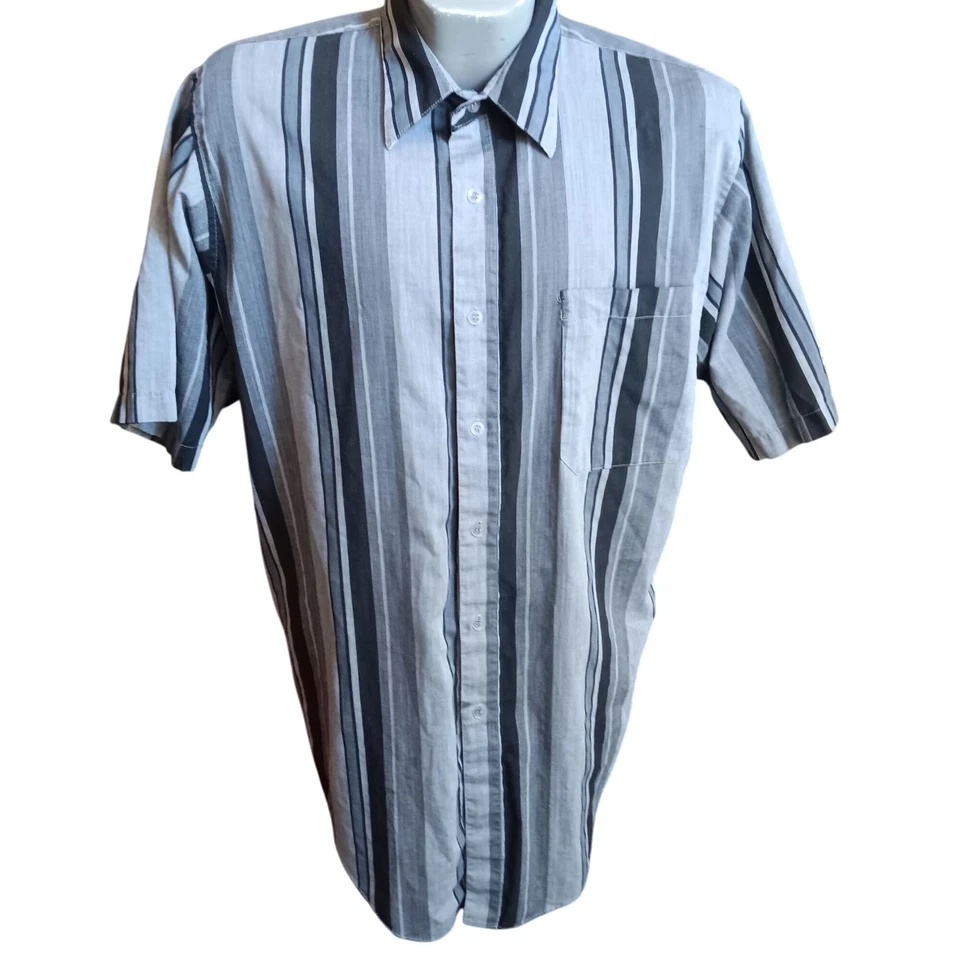 XL Vintage Men's Shirt 80's Impact Gray Black Vertical Stripe Button-Up Clubster - Image 2 of 4