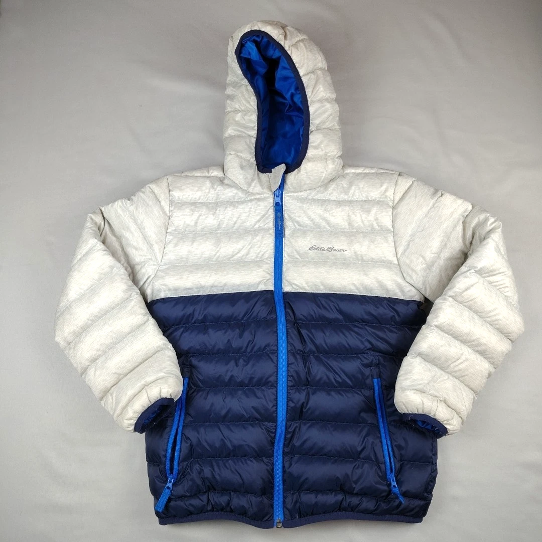 Eddie Bauer Kid’s Medium 10/12 Reversible Duck Down Puffer Jacket Mid Blue EUC