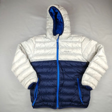 Eddie Bauer Kid  s Medium 10/12 Reversible Duck Down Puffer Jacket Mid Blue EUC