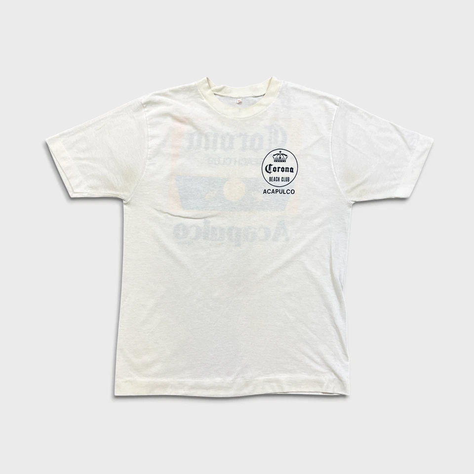 Camiseta Corona Vintage Años 90 Para Hombre Mediana Blanca Puntada Única Beach Club Cerveza Camiseta Foto 3 de 4