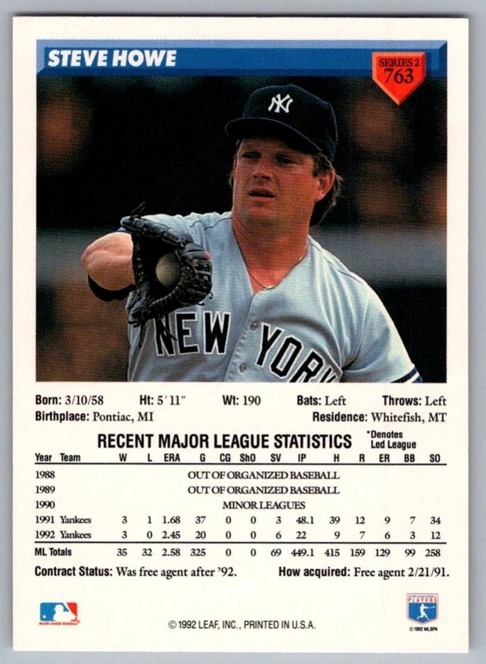 1993 Donruss Steve Howe New York Yankees #763 - Image 2 of 2