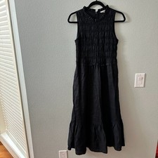 Boden Smocked Linen Midi Dress 6 Regular Black Tiered Sleeveless
