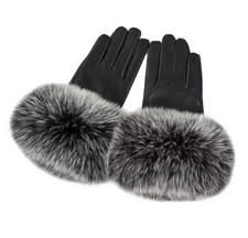 Women Genuine Lambskin Leather Gloves Real Fox Fur Cuff Winter Warm Velvet Lined