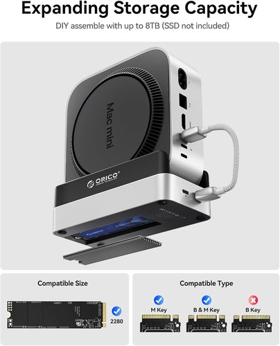 Mac mini M4 Dock Stand M.2 Boîtier SSD USB Hub Audio SD TF Ports Aluminium - Photo 7/11