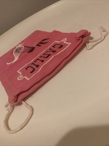 Vintage Mid Century Stoff Knoblauch Aufbewahrungstasche Kordelzug Rosa - Bild 5 von 6