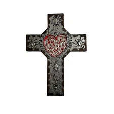 Mexican Milagros Heart Cross: Embossed Tin & Wood, 12"