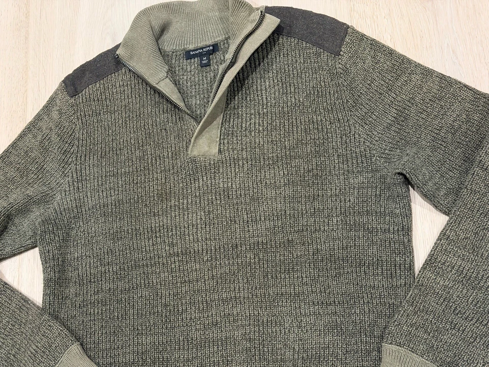 Suéter Pullover Banana Republic Verde Mediano 1/4 Cremallera Vegano Gamuza Parche Preppy Foto 4 de 4