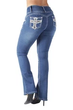 Women's Juniors Butt Lift Push Up Mid Waist Ripped Distressed Boot Leg Jeans