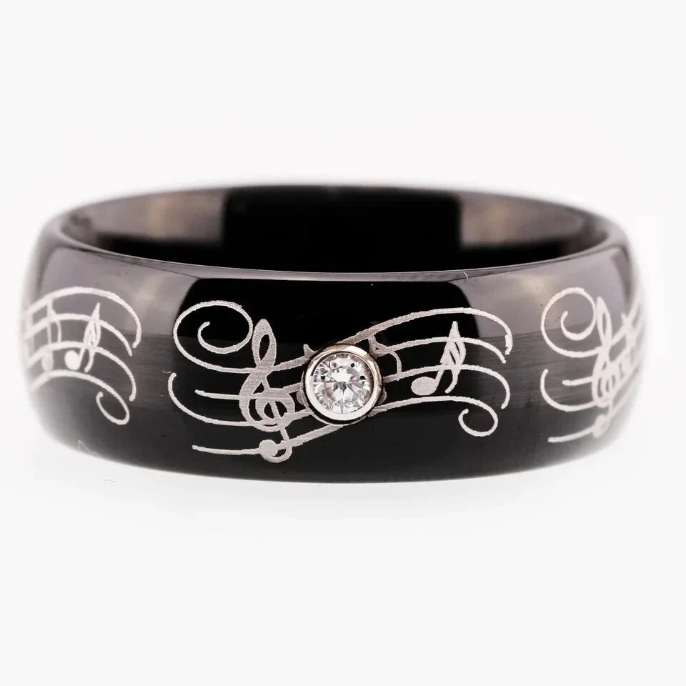 Anillo de tungsteno circón blanco diseño partitura musical nota musical melodía 8 mm Foto 3 de 3