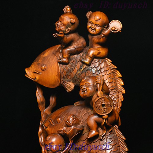 Chinese Folk Boxwood Wood Carving Wealth Coin Lotus TongZi Boy Ride Fish Statue - Picture 8 of 12