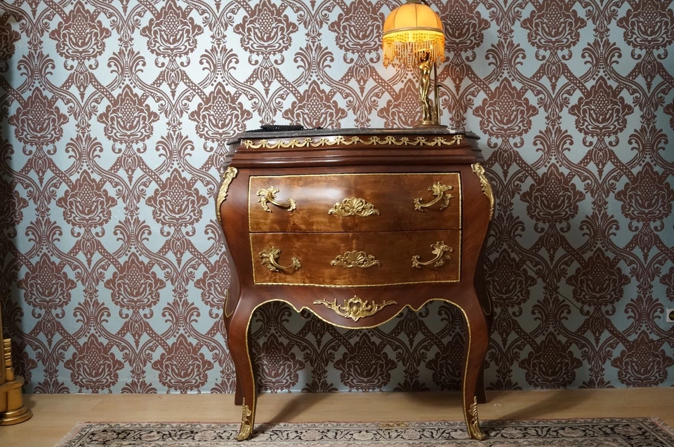 CHIFFONNIER COMMODE STYLE BAROQUE LOUIS XV PLATEAU DE MARBRE NOIR D'UN CHÂTEAU - Photo 3/4