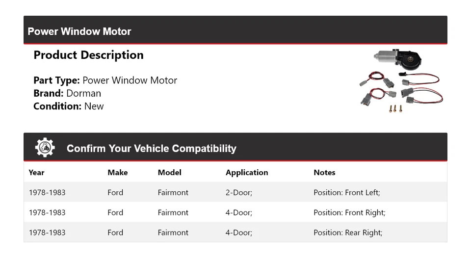 For 1978-1983 Ford Fairmont Dorman Power Window Motor 1979 1980 1981 1982 - Image 2 of 4