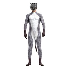 3D Wolf Muscle Jumpsuit With Wolf Mask,Werewolf Cosplay Costume Bodysuit W/Tails