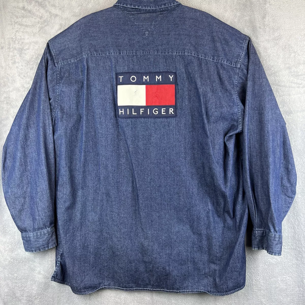 Hilfiger Denim Shirt Jacket XXL Blue Jean Flag Zip Up Shacket | eBay