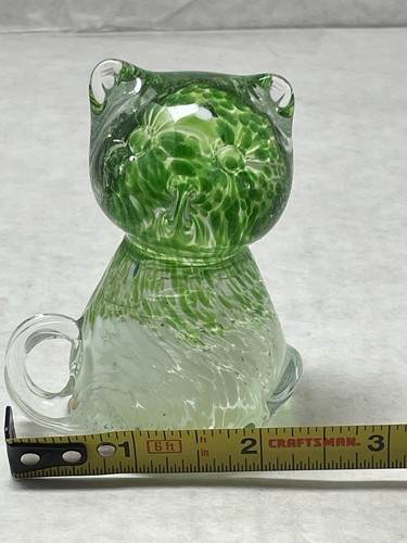 Paperweight Cat Green White Clear Swirl Hand Blown Gift Kitty Gift - Picture 8 of 11