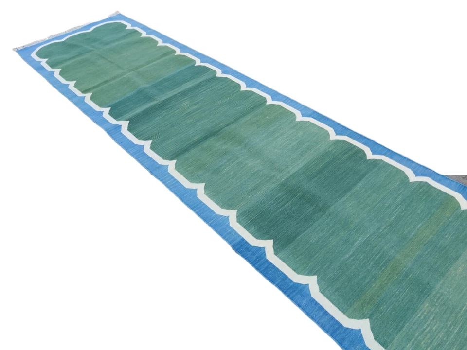 Handmade Cotton Area Rug, Flat Weave Rug, Green And Blue Indian Scalloped Runner - Image 4 of 4