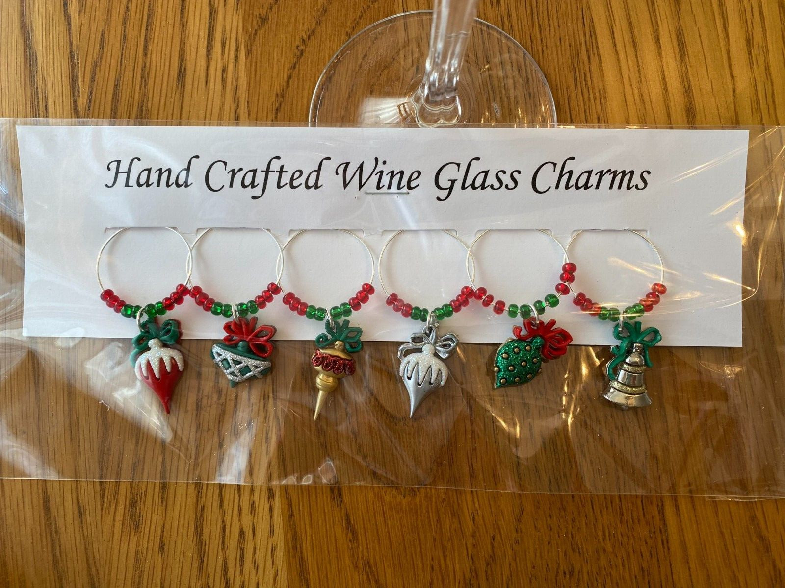 "CHRISTMAS GLITTER ORNAMENTS" SET OF 6  HAND CRAFTED Wine glass  Charms