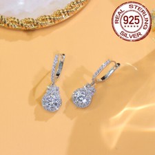 925 Sterling Silver Round Drop Cubic Zirconia Huggie Earrings Women Prom Jewelry