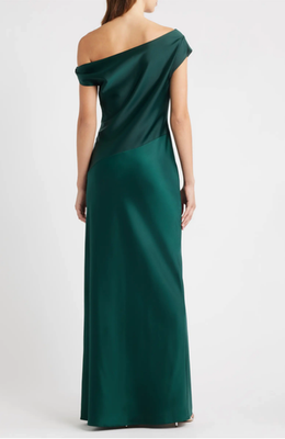 wayf green dress WAYF Women's Colleen One-Shoulder Drape Satin Gown - Green