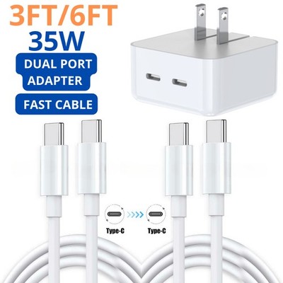 USB-C Fast Charging Cable 35W Dual Port Power Adapter For Samsung/iPhone 15 16
