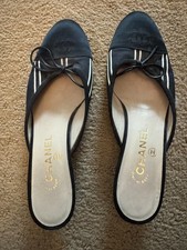 VTG CHANEL Black  White Satin Cap Toe Mule Kitten Heels Stripes CC Bow size 38