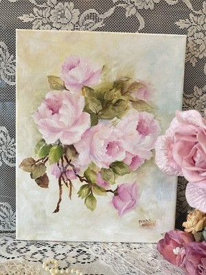 Pink Roses Hand painted Oil 11x14 canvas Romantic Wall Decor Colorful Shabby