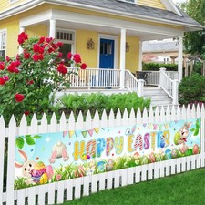 AIBIIN Spring Happy Easter Banner Bunny Egg Flower Theme Sign Green