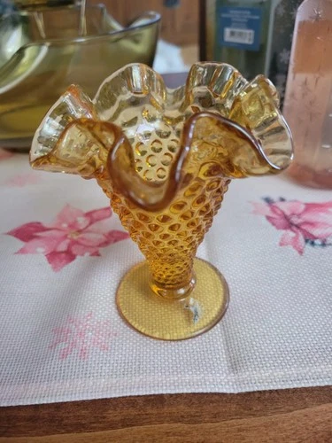 Vintage Fenton Colonial Hobnail Ruffled Fluted 4 Inch Amber Glass Vase 1960's