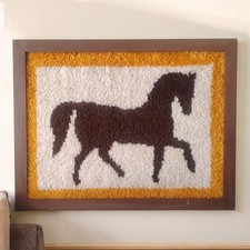 Vintage Hand Hooked Rug Horse Framed Wall Art Americana Farmhouse Equestrian