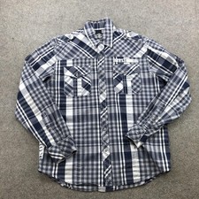 Affliction Shirt Mens Large Blue Plaid Long Sleeve Button Front Embroidered