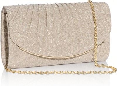 Damen Clutch, Plissee Glitzer Abendtasche mit Abnehmbare Metallkette, Elegant