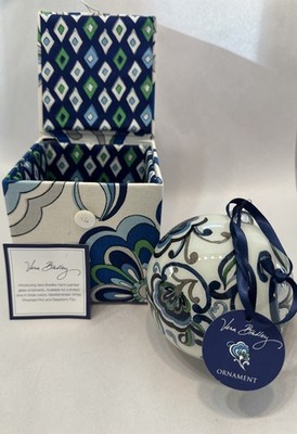 Vera Bradley Hand Painted Glass Ornament Mediterranean White Fabric Box