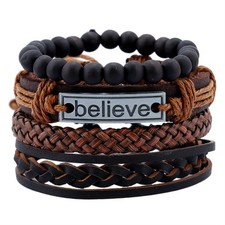 Genuine Braided Leather Bracelets Men Women, Wooden Beads Ethnic Tribal Elastic
