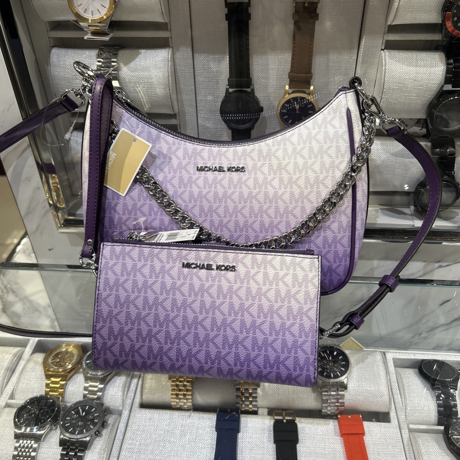 Michael Kors Large Women Pochette Ombré Logo Crossbody Bag Dark Purple + Wallet thumbnail 7