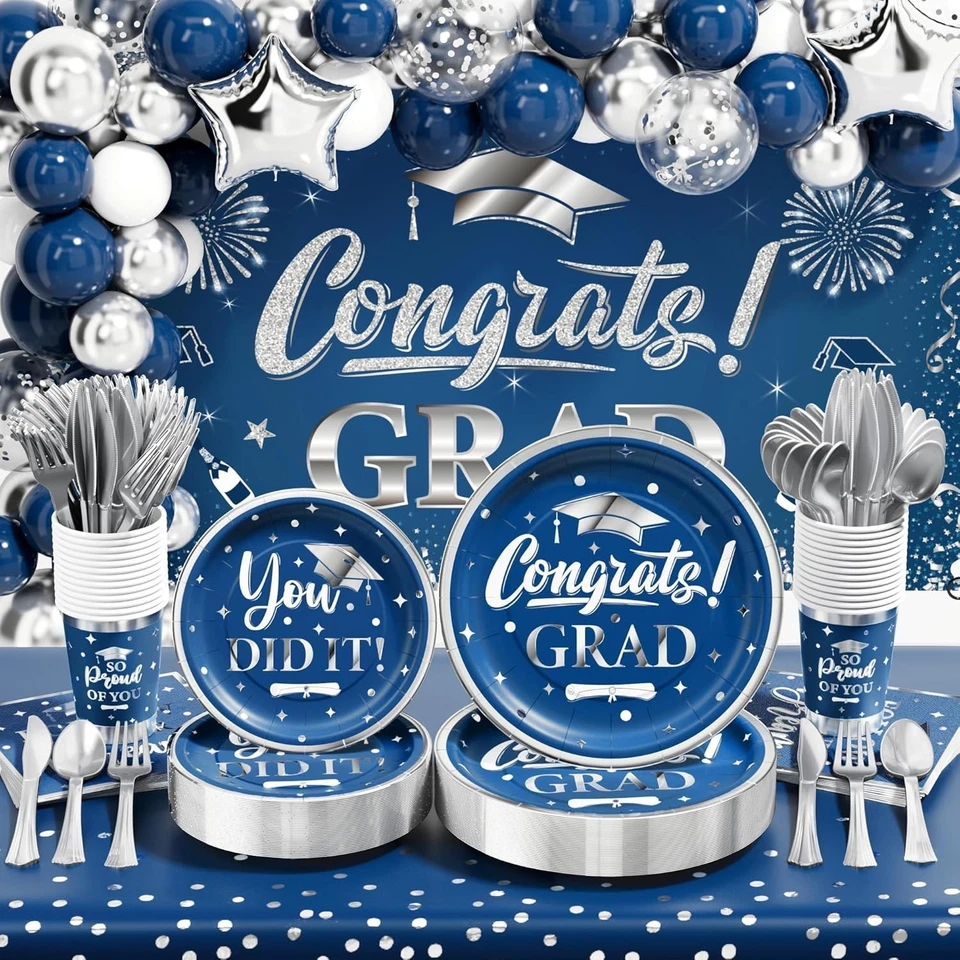 Juego de decoración de graduación premium - Vajilla desechable y telón de fondo festivo Foto 3 de 4