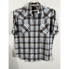 Plains Western Wear Mens XL Short Sleeve Pearl Snap Plaid Shirt Brown Blue