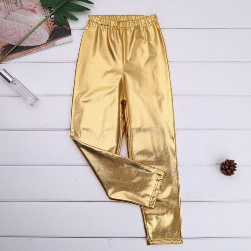 Kids Girl Metallic Leggings Stretchy Shiny Pants Party Dance Dancing Leggings - Picture 14 of 25