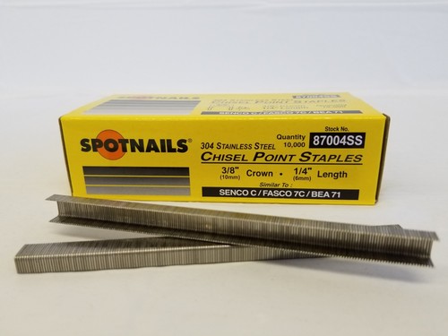 STAPLES 3/8" CROWN BY 1/4" Long STAINLESS STEEL Spotnails 22 GA C04SS, 87004SS - Picture 2 of 6