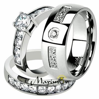 His & Her 3 pc Round & Princess Cut Zirconia Stainless Steel Wedding Ring Set