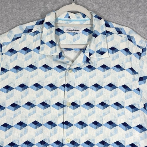 Tommy Bahama Shirt Mens Large Silk Blend Geometric Hawaiian Beach Loop Collar - Picture 2 of 17