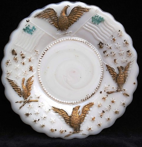 UNITED STATES Flag & Eagle PATRIOTIC Antique 1880s-1900 White Opaque Milk Glass