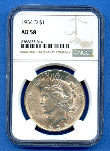 1934 D NGC AU58 Peace Silver Dollar $1 US Mint Rare 1934-D AU-58 Blast White